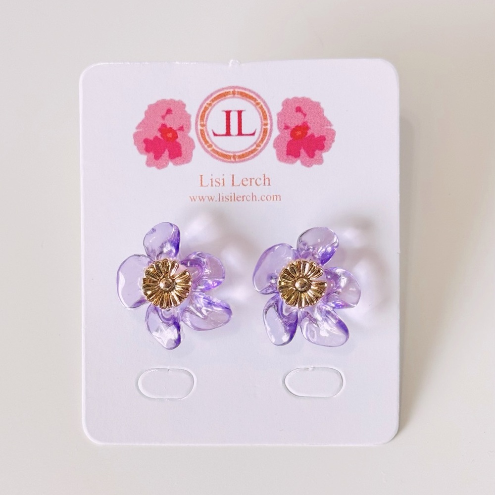 LISI LERCH 1” Acrylic Purple & Gold Floral Earrings Preppy Resin Flower